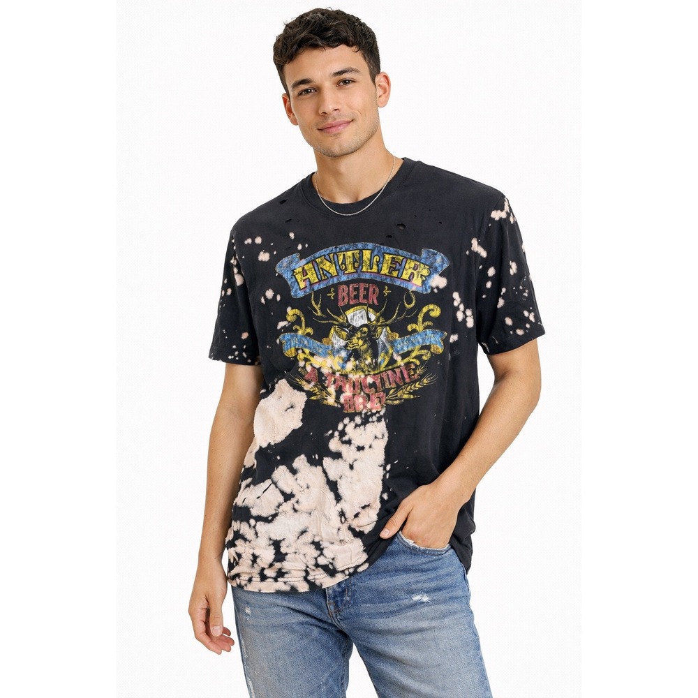 American Highway Graphic Tee Mens M Black Bleached Distressed Antler Beer Grunge